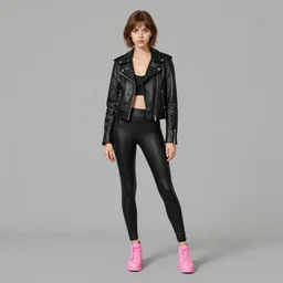 Girl in jet black biker jacket, jet black leggins, pink shoes, matte painting, by Albert Aublet, Krenz Cushart, WLOP, Sakimichan