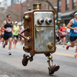 an anthropomorphic steampunk mid century retro refrigerator with arms and legs and googly eyes running in the boston marathon