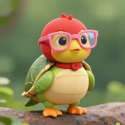 character of a bird wearing a red a turtle necj and pink glasses