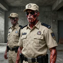 zombie security guard officers in beige uniform and caps with background brutalist concrete interior trending on artstation digital painting highly detailed ( blood skin ) 4 k 8 k hd by greg rutkowski
