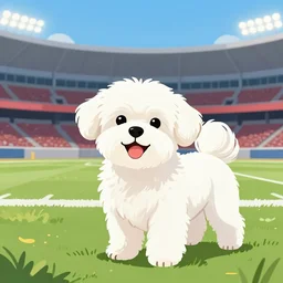 small white shihtzu maltese mix dog in nc state stadium smiling full color digital illustration in the style of don bluth, artgerm, artstation trending, 4 k
