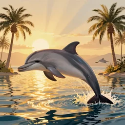 dolphin swimming, golden hour, god rays, by tom bagshaw and artgerm and ismail inceoglu and greg olsen, palm trees, masterpiece, beautiful, intricate, elegant, highly detailed