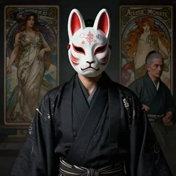 a photorealistic dramatic fantasy render of a handsome man wearing a beautiful intricately detailed japanese rabbit kitsune mask and clasical japanese kimono by wlop, artgerm, greg rutkowski, alphonse mucha, beautiful dynamic dramatic dark moody lighting, shadows, cinematic atmosphere, artstation, concept design art, octane render, 8 k