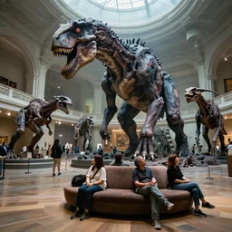 wide - shot photo of museum visitors looking at sinister eldritch giant extinct creatures by shaun tan, at the sitting couch, codachrome, 8 k, hd, highly detailed,