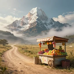 medium - shot, majestic ( pop rock candy ), a fruit stand on the side of a serene country dirt road, the road is dusty and there is a breeze. epic, awe inspiring, dramatic lighting, cinematic, extremely high detail, photorealistic, cinematic lighting, trending on artstation cgsociety rendered in unreal engine, 4 k, hq,