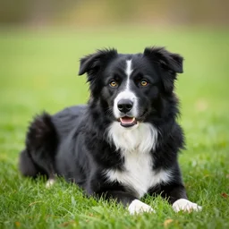 a cute! black australian shepherd dog lying in grass, bokeh