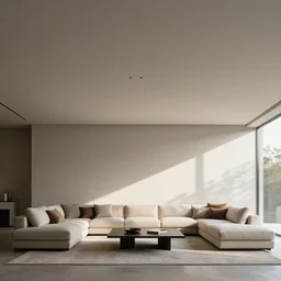 photorealistic contemporary living room minimalist furnitrue big ceiling