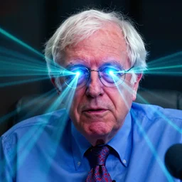 bernie sanders with laser beams coming out of his eyes, synthwave