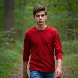 portrait, male teenager, detailed face, brown hair, red shirt, blue jeans, dark shaped eyes, walking in forest, realistic photo.
