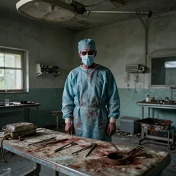 an abandoned surgery theatre, dirty, old blood stains, rusted surgery tools, creepy twisted man in a surgical gown and mask, ominous vibe, creepypasta, abandoned places, high resolution photograph