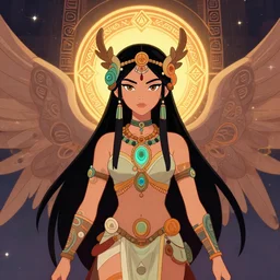portrait of a beautiful goddess future metaverse angel Ayahuasca tech shaman warrior, 2D cartoon,  visionary art, symmetric, Magick symbols, holy halo, shipibo patterns, sci-fi, concept art, trending on art station, 8k digital art, by Mandy Jurgens, fantasy portrait art, anime