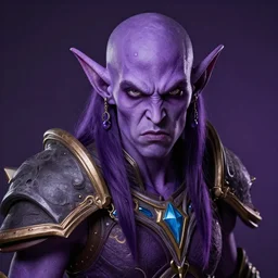 twitch streamer asmongold as a night elf, detailed face, angry, purple!!! skin, balding, world of warcraft cosplay, medium shot, studio lighting