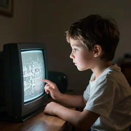 kid watching CRT TV, photorealistic