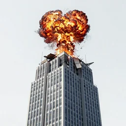 explosion on the roof and the fall of the militech skyscraper, bottom viev, ultra realistic