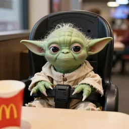 yoda sitting in a booster seat behind a table inside mcdonald's, annoyed, disgruntled, 3 5 mm, f / 2. 8