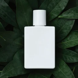 centered white perfume bottle lying in a dark bed of leafy - greens and white flowers, illumination lighting, sharp focus, vogue