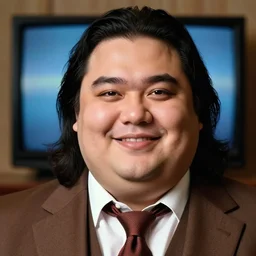 Close up portrait of a clean-shaven chubby man with long black hair wearing a brown suit and necktie with a television in the background. Photorealistic. Award winning. Dramatic lighting. Intricate details. UHD 8K. He looks happy.