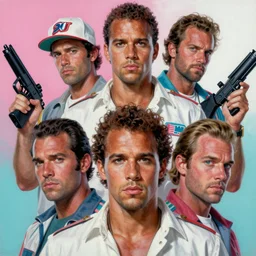 a closeup portrait painting of crockett and tubbs in eighties miami vice, ultra realistic, highly detailed faces, true life, 8 k, masterpiece, cinematic, by frank frazetta, greg rutkowski, yoko taro, christian macnevin, beeple, wlop, krenz cushart, epic character art, volumetric lighting, pink white turquoise