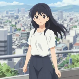 anime visual, full body portrait of a young female sightseeing in a part above the city, beautiful face by yoh yoshinari, katsura masakazu, dramatic lighting, dynamic pose, dynamic perspective, strong silhouette, anime cels, ilya kuvshinov, cel shaded, outlined edges!!, rounded eyes, moody, detailed character
