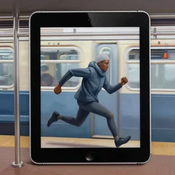 a painting of a ipad with arms and legs that is running out of the nyc subway on a monday morning, people with coffeecup heads styled and illustrated by hiroyuki - mitsume takahashi and berryverrine