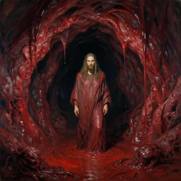 a prophet inside a dark slimy cave, the walls are made of red meat, the floor is flooded, by craig mullins, ilya repin, artgerm, wlop, syd mead