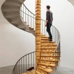a guy walking up a spiral staircase made of cookies