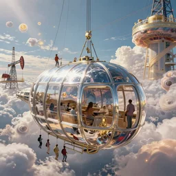 Buckminster at home in an inflated stainless steel chrome gondola in the clouds, people are hanging by steel cables. Oil rigs in the sky. Intricate technical drawing. Mammatus clouds. Ornate, brilliant, utopian, detailed, Golden ratio, solarpunk