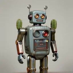 medium shot 1950s retro cactus robot, Bionic Arms and eyes. muted colours. by Jean-Baptiste Monge