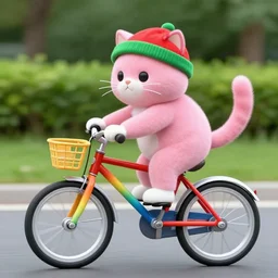 a pink cat with a red and green hat riding a rainbow colored bike