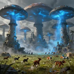 nature being invaded by huge smoking mushroom war machines which emit a blue light, animals running away, made by stanley artgerm lau, wlop, rossdraws, artstation, cgsociety, concept art, cgsociety, octane render, trending on artstation, artstationhd, artstationhq, unreal engine, 4 k, 8 k,