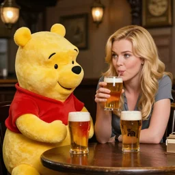 winnie the pooh and a blonde woman enjoying a couple of pints in a pub together.