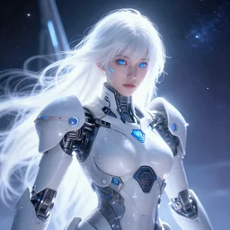 photo of a beautiful girl on a mothership, android, warframe armor, pretty face, scifi, futuristic, galaxy, raytracing, dreamy, perfect, aura of light, pure, white hair, blue cyborg eyes, glow, insanely detailed, artstation, innocent look, art by gauthier leblanc, kazuya takahashi, huifeng huang