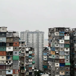 varying height buildings, made up of stacked makeshift squatter shacks with faded colours, plain uniform sky at the back, misty, phase 1, f 1. 8, ultra sharp, very detailed, photographed by julie blackmon