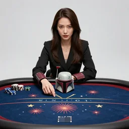 single woman sitting at an extremely detailed poker table with the detailed boba fett, sake on the table, fireworks and stars on the background, canvas, acrylic paint, by roy liechtestein, by andy warhol, traditional chinese art, isometric, pop art, 4 k, ultra - hd