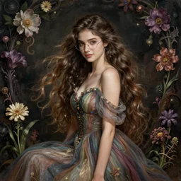 portrait of a cottagecore young female wizard in flowing sensual dress, arrogant, long fine flowing hair, delicate, looking at camera, slight nerdy awkward smile, realistic face, stylish, elegant, grimdark fantasy, flowers, extremely detailed painting inspired by Gerald Brom and Ernst Haeckel and Sandro Botticelli, studio lighting