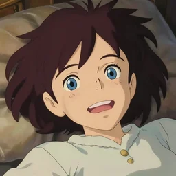 a brunnete girl with blue eyes and puffy cheeks lying happy in her bed, close up shot from the top, anime art, Greg Rutkowski, studio ghibli, dramatic lighting