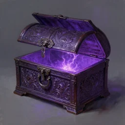 a lsingle ocked ornate chest in centre with glowing aura seeping out of the seems, dark purple tone, intricate, highly detailed, digital painting, loose brush strokes, realistic shaded lighting, artstation, concept art, smooth, sharp focus, illustration, realism, oil painting, unreal engine 5, 8 k