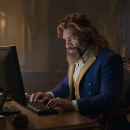 film still of Lumiere sitting at a computer in the new Beauty and the beast movie, 4k