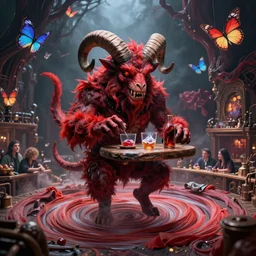 a terrifying red dwarf with ram horns serving grog at a fantastical demon pub in hell, floating cloth whirlpool, butterfly hard lighting ethereal horror fantasy art by and hajime sorayama, yukito kishiro, raymond swanland and monet, ruan jia, by wlop