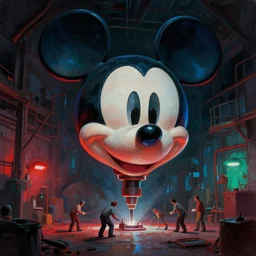 a ( ( ( ( ( enormous giant mickey mouse head ) ) ) ) ) being drilled by small workers inside of a dark old warehouse, red and blue - green lighting, cinematic, art by beeple and wlop, digital art, thick painting strokes, trending on artstation, award winning