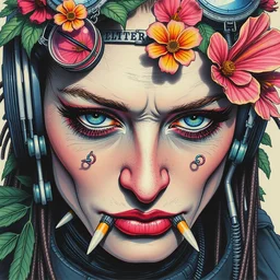 risograph grainy drawing cyberpunk antagonist face wearing cyberpunk accessories, photorealistic colors, with huge piercings, face covered with plants and flowers, by moebius and satisho kon and dirk dzimirsky close - up portrait, hyperrealistic
