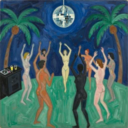 henri matisse. close up of sketched humans underground raving standing in circle in a club. a chaotic scenery. palm trees and dj equipment, music, a bar with drinks. slight, fine contours of faces, arms, bodes. disco ball overhead. the floor is green. dark blue background. jumping. minimalistic color palette. fine brush strokes. horizon