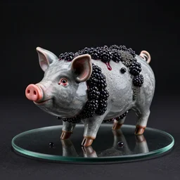 a pig - blackberry sculpture, glass blackberries, obsidian and and pumice and japanese glazed pottery, mounted on a glass platform, berry juice droplets, black background, zen,