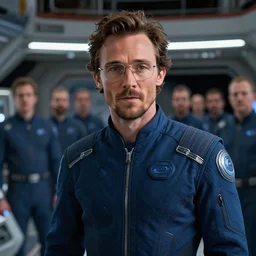 cinematic portrait of matthew mcconaughey in glasses in dark blue futuristic jumpsuit, wearing eyeglasses, space station at background, high detail, 8 k, sharp focus, movie still, dramatic lighting, ray tracing, smooth, lane brown, finnstark, oleg bulakh, diego fazio, mike dargas, emanuele dascanio, felix englund, michal karcz