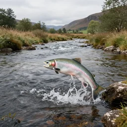 beautiful scottish river view with salmon leaping