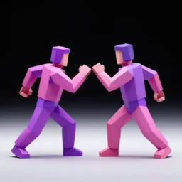 low poly render of two pinks fighting a purple, black background