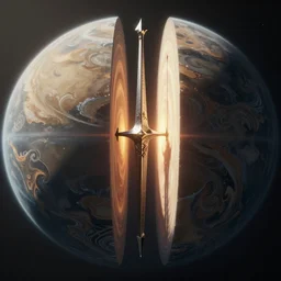 distant planet sliced in two, excalibur, exquisite, volumetric lighting, 8 k octane beautifully detailed render, post - processing, extremely hyper - detailed, intricate, epic composition, cinematic lighting, masterpiece, trending on artstation, stunning art by lehr, by simonetti, beautiful cinematic light