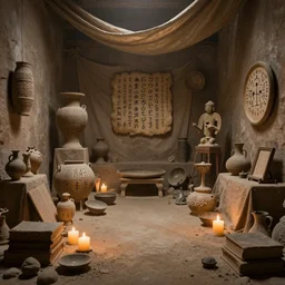 dusty room full of ancient artifacts runes candles books instruments drapery atmospheric lighting