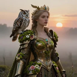 hyperdetailed portrait of beautiful queen's flower moss armored girl with owl in the fog. by greg rutkowski, highly detailed portrait, digital painting, artstation, concept art, smooth, sharp foccus ilustration, artstation hq. intricate, elegant. art by wlop and artgerm and greg rutkowski and alphonse mucha, masterpiece. medium shot. sunset dramatic.