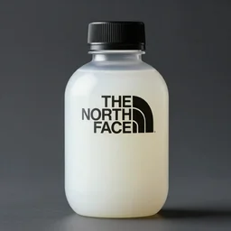 the north face transparent bottle, round bottle, black top, filled with luminous wihite liquid, concept art, matte, sharp focus, illustration, art by aenaluck, artgerm, modern